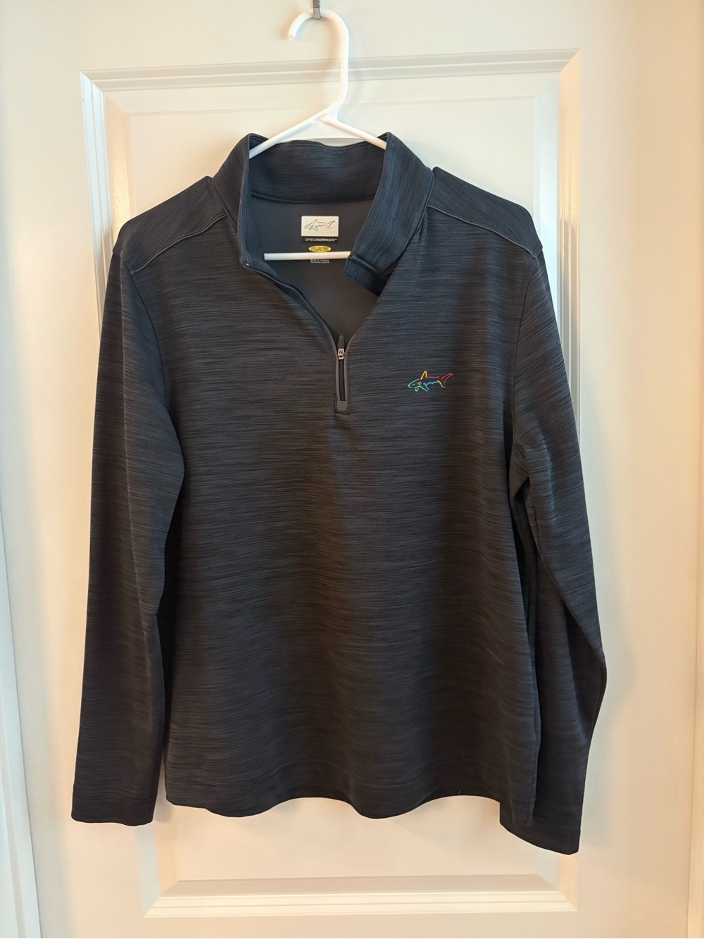Greg Norman Charcoal Gray Half-Zip Pullover with Multicolor Shark Logo